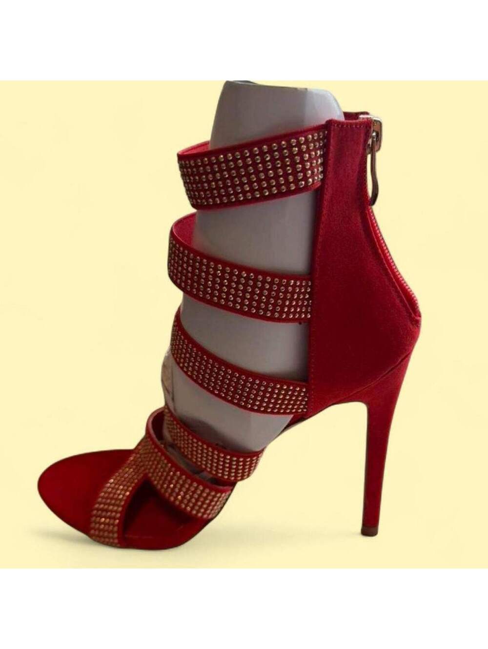 Pati-Root Red Strappy High Heel Sandals w Rhinestone Size 8